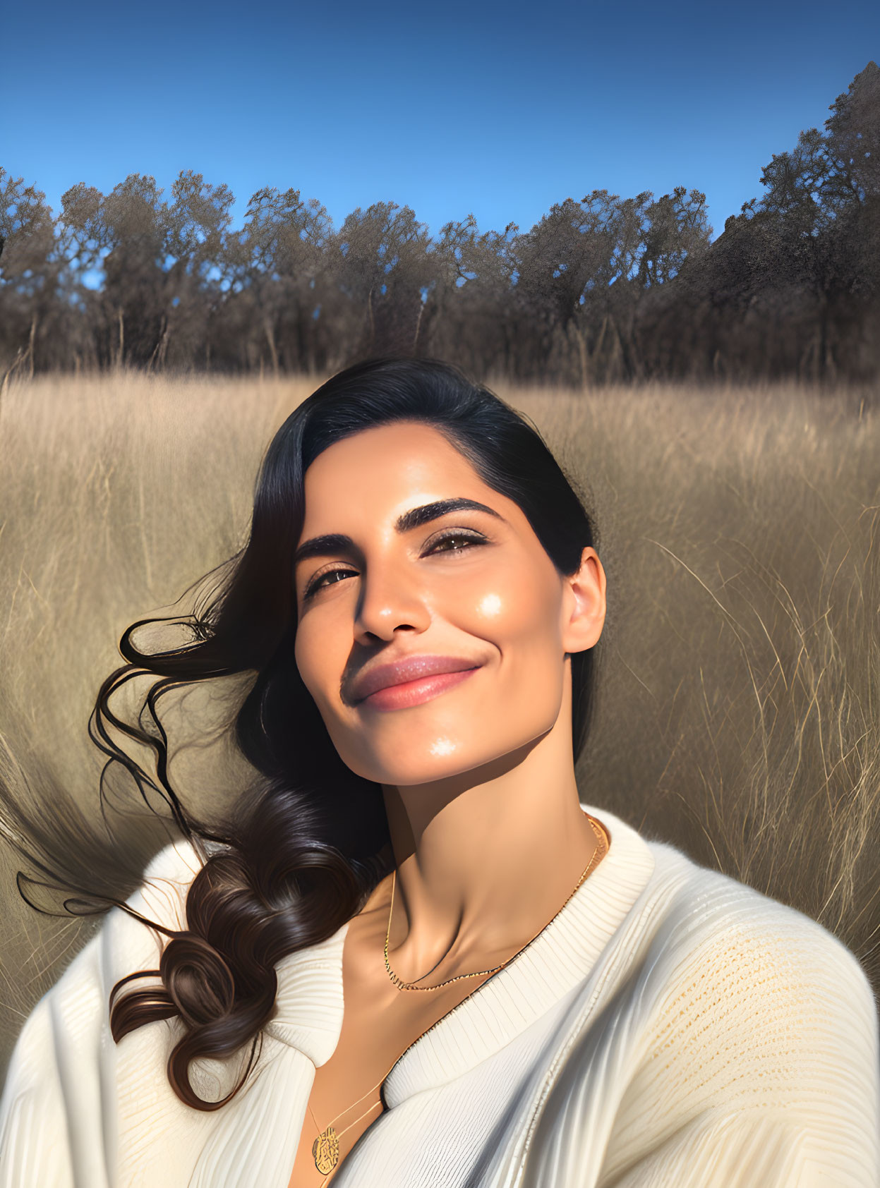 Dark-haired woman smiling in sunny field wearing white sweater and necklace