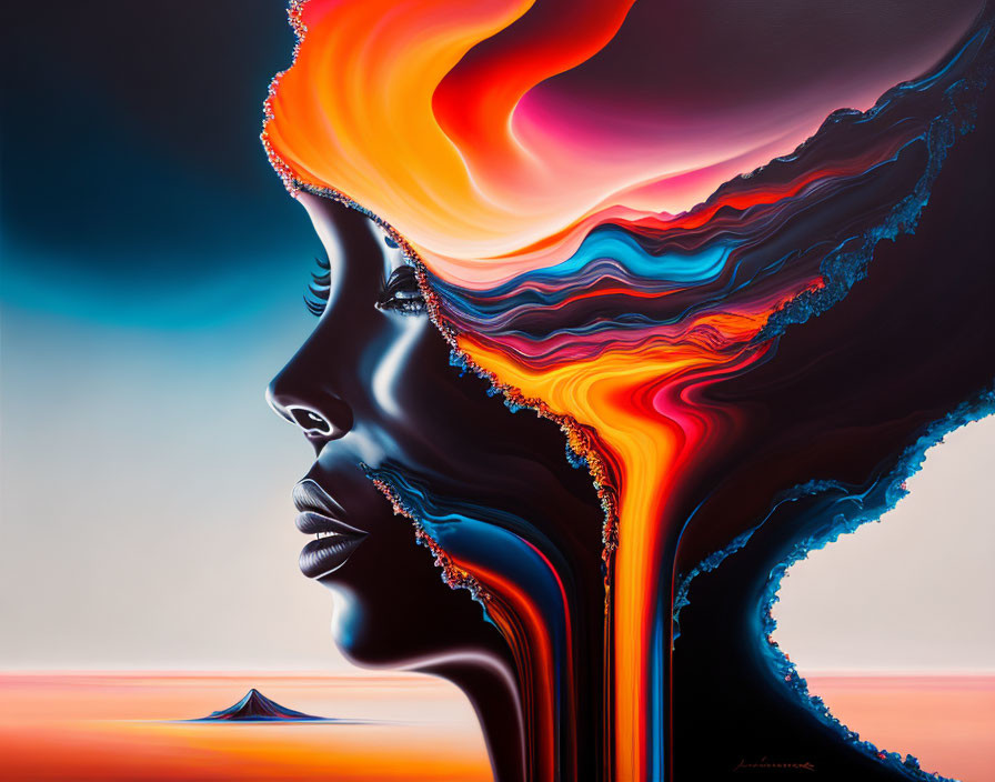 Vibrant surreal painting of profile face with flowing landscape colors