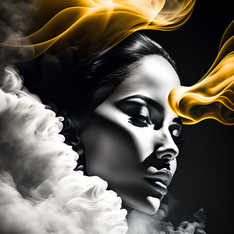 Monochrome side profile of woman with yellow and white swirling smoke