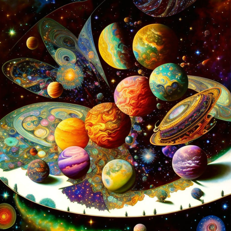 Colorful Cosmic Painting with Swirling Planets and Celestial Objects