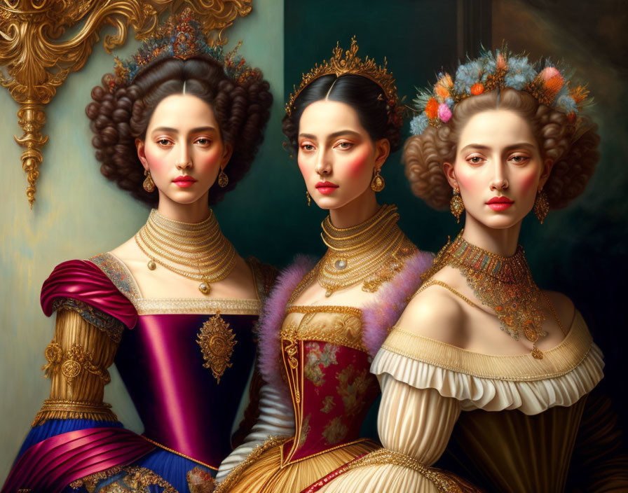 Elegant women in classical royal attire and ornate jewels