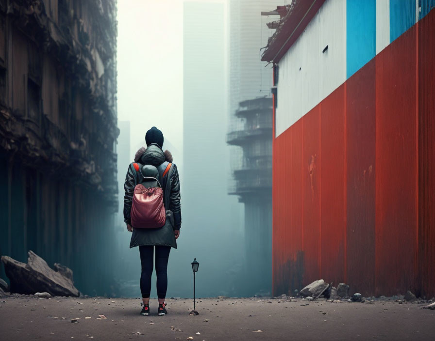 Person standing in foggy city alley with red and blue wall, umbrella, and backpack.