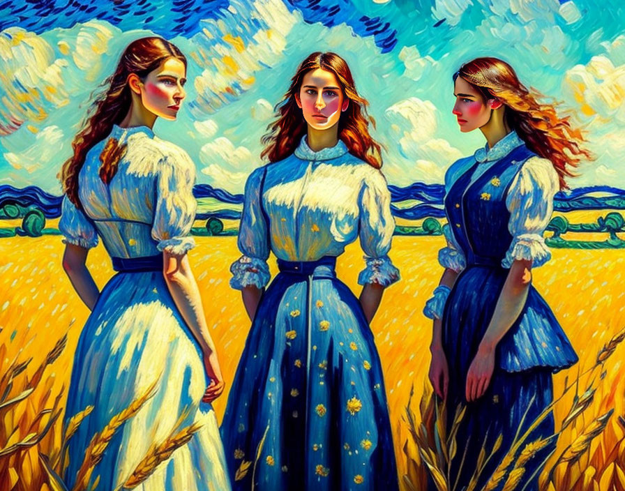 Stylized women in vintage blue dresses in vibrant wheat field
