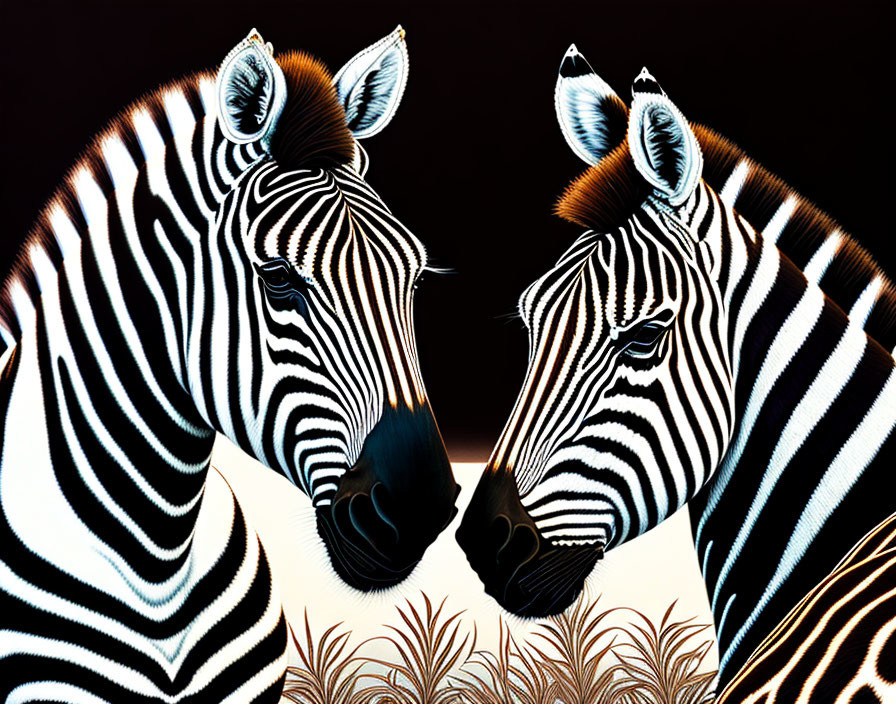 Two zebras with bold black and white stripes in a stylized natural setting.