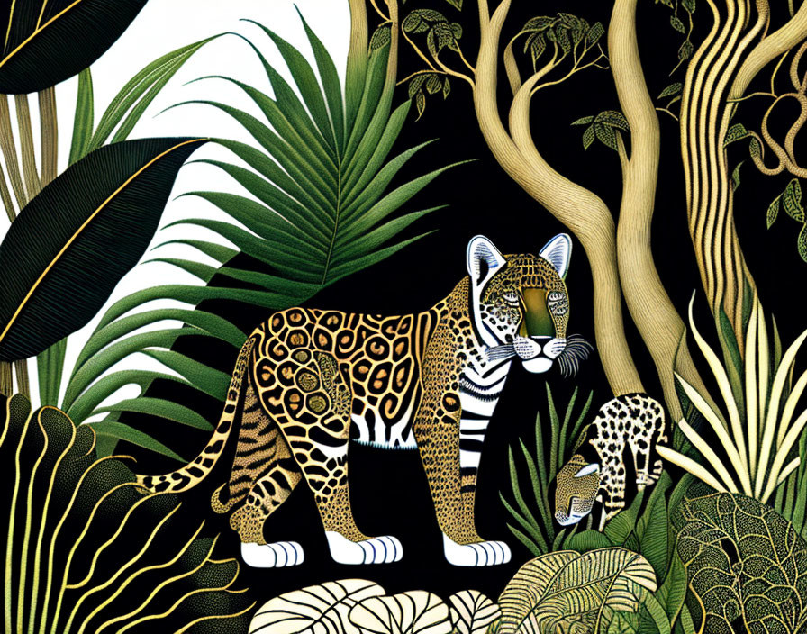 Stylized jaguar and cub in dense tropical foliage artwork