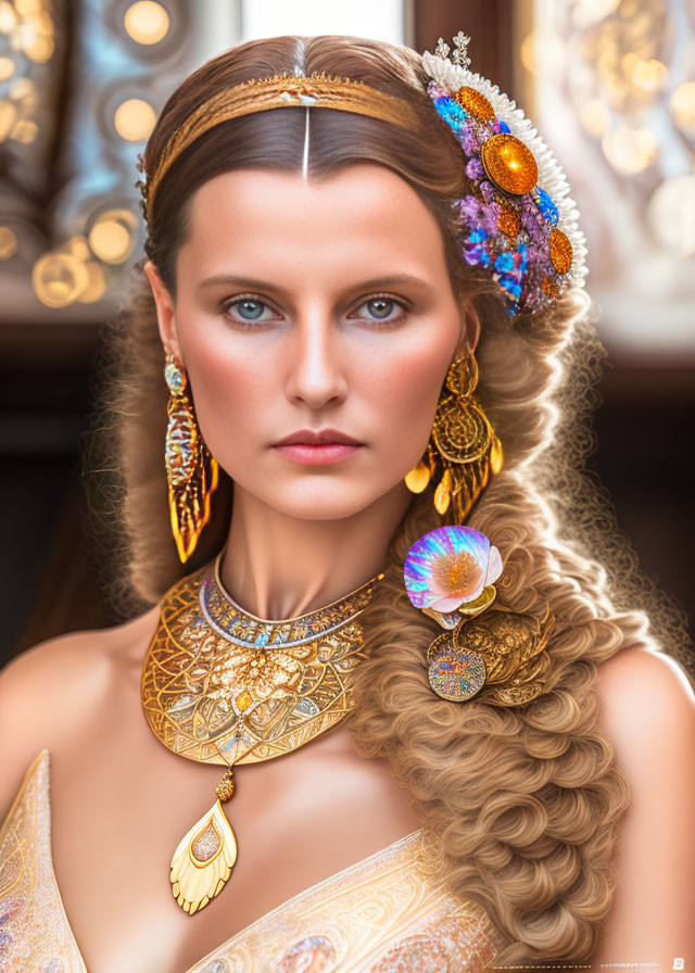 Elaborate golden jewelry and bejeweled headpiece on woman.