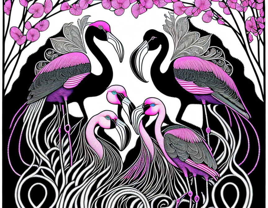 Symmetrical bird illustration with floral patterns in pink, black, and white