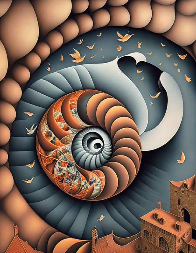 Nautilus Shell Spiral in Surreal Landscape with Birds and Castle