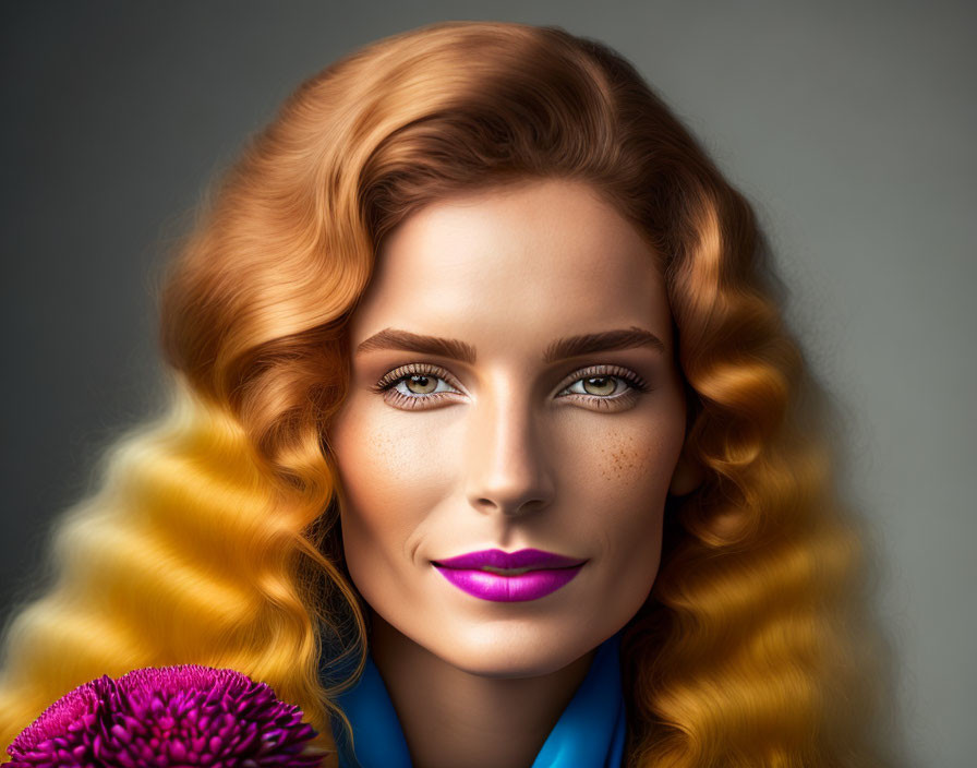 Digital portrait of a woman with wavy ginger hair and blue eyes holding a magenta flower