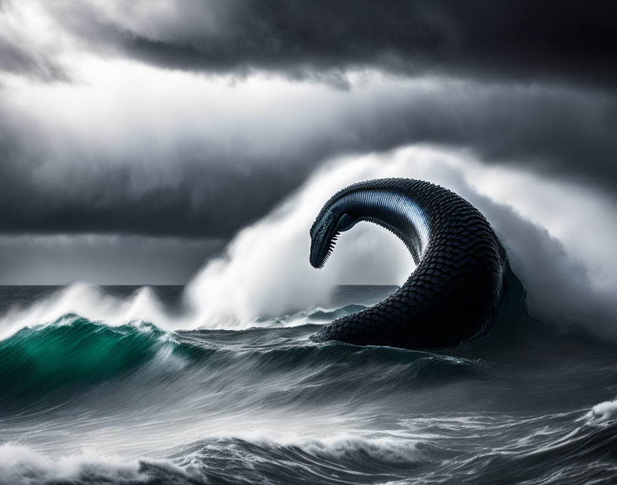 Dark Seascape with Mythical Serpent Creature