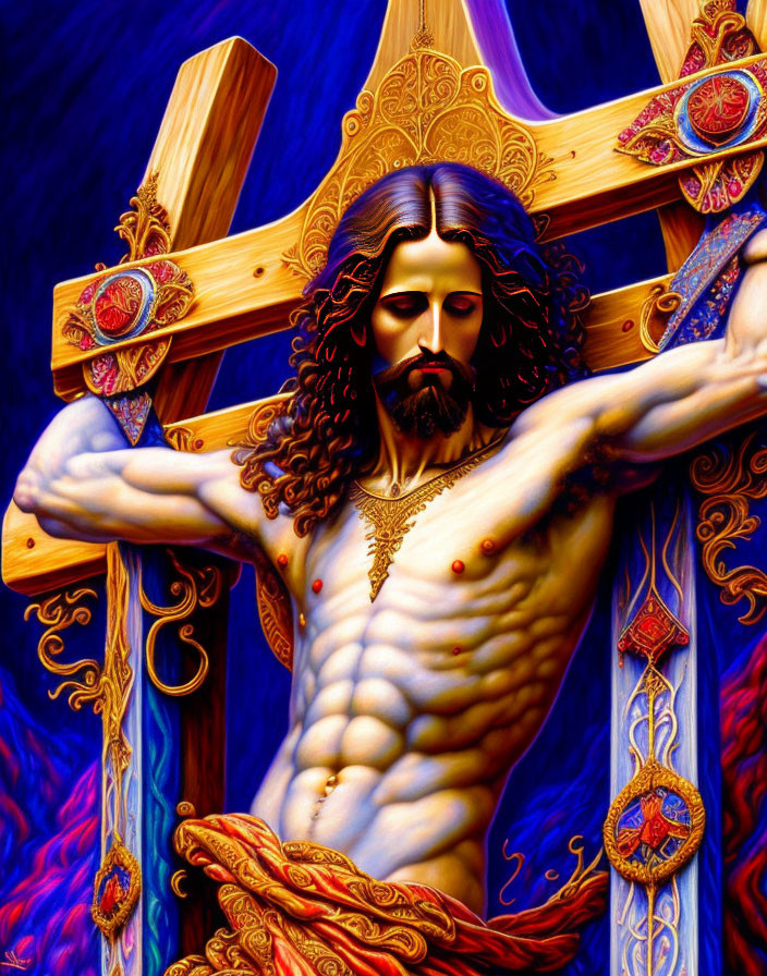 Detailed Painting: Man with Crown of Thorns Crucified