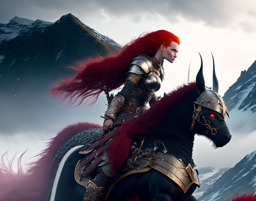 Red-haired female warrior on black mystical creature in mountainous landscape