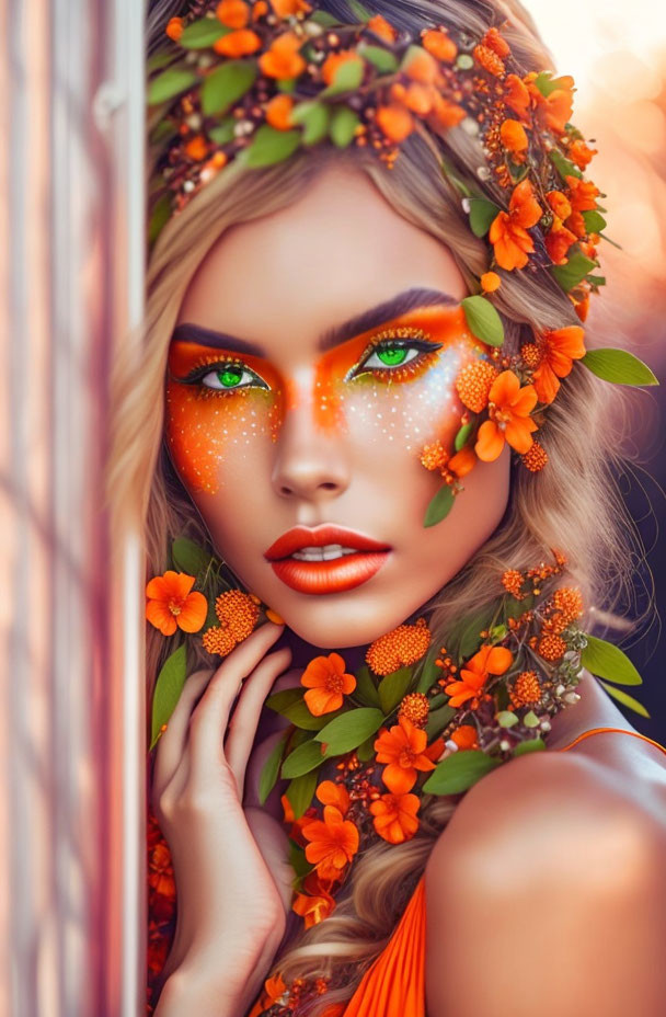 Woman with vibrant floral makeup and orange hues in flower crown