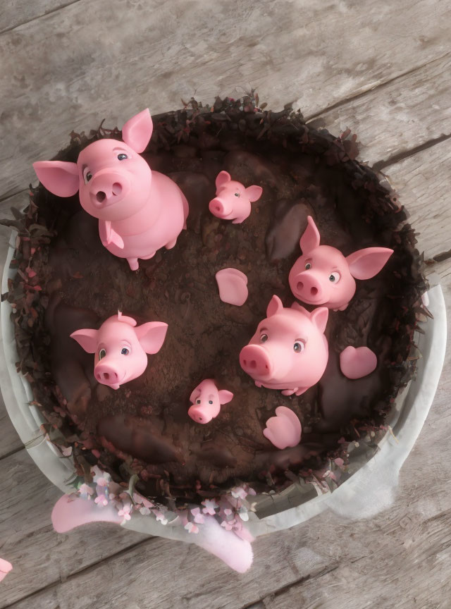Chocolate Cake with Fondant Pigs and Muddy Frosting Decoration on Wooden Surface