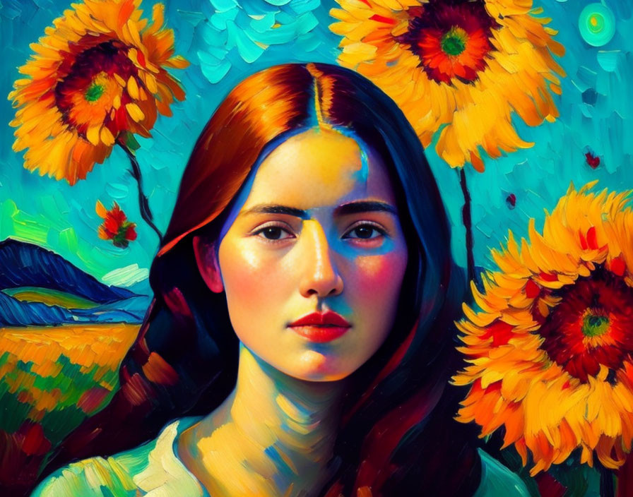 Colorful portrait of woman with red hair among sunflowers and blue floral backdrop