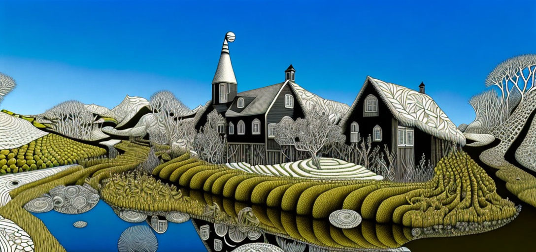 Stylized black house in whimsical landscape with patterned hills