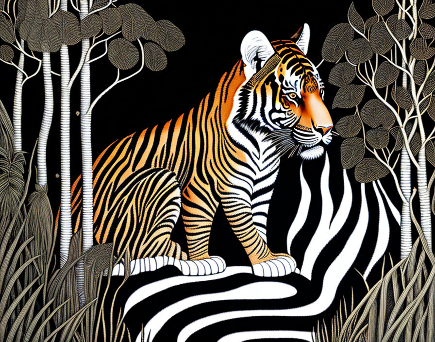 Stylized black and white tiger in textured jungle scene