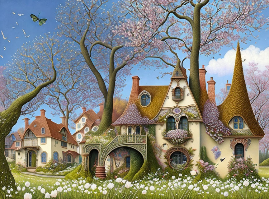 Charming village scene with houses, trees, flowers, and butterflies