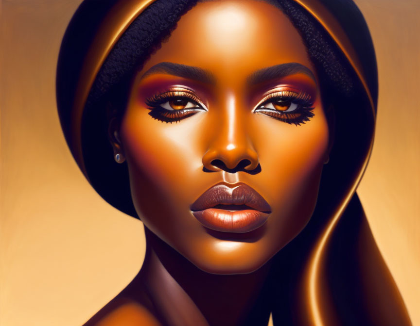 Portrait of woman with glowing skin and bold makeup, framed by headwrap and golden halo.