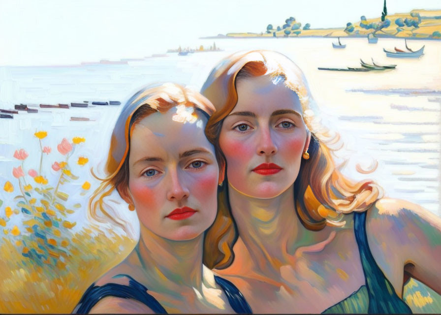 Reddish-Haired Women in Blue Attire by Sunny Coastal Landscape