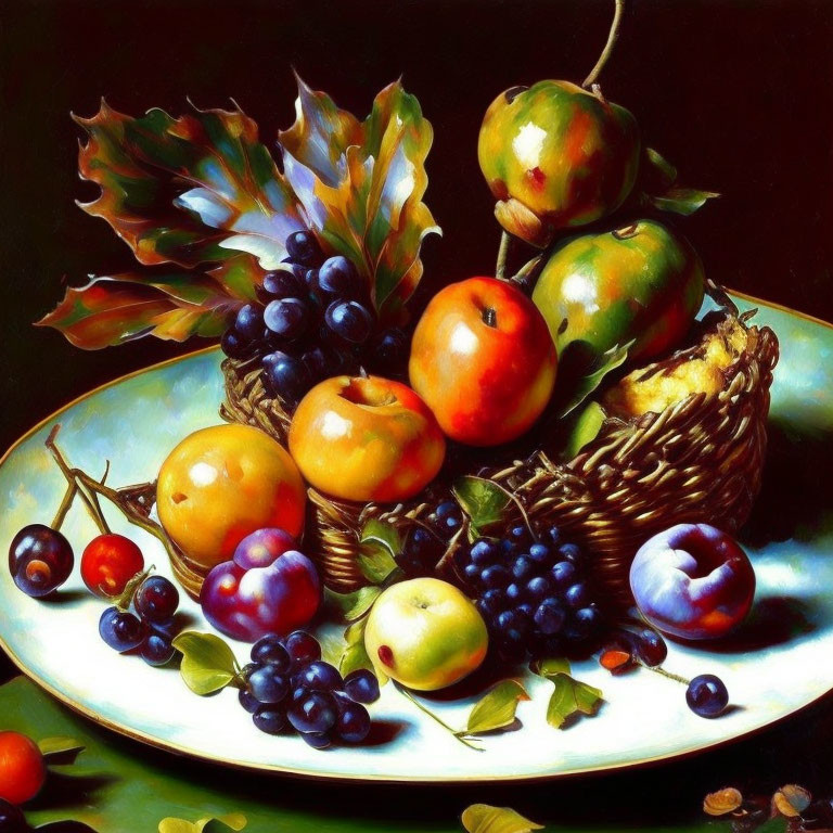 Classic still life painting with assorted fruit on a plate
