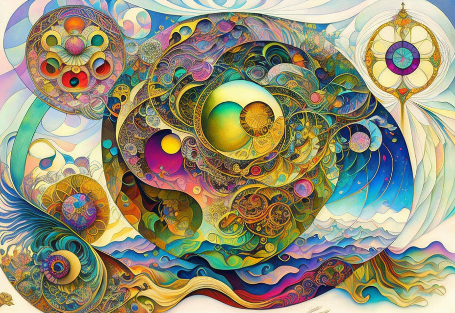 Colorful Abstract Artwork with Intricate Patterns and Swirling Shapes