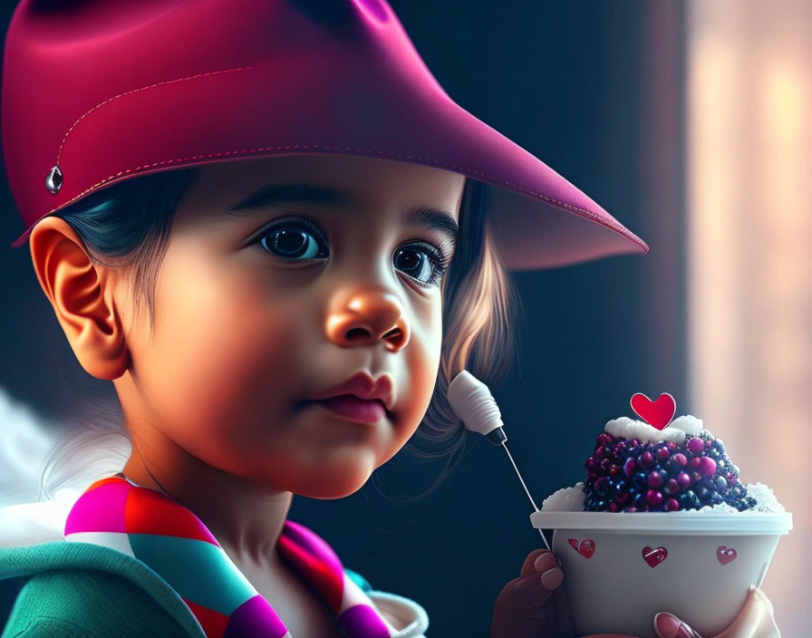 Young child in pink hat with heart-adorned cup gazes sideways.