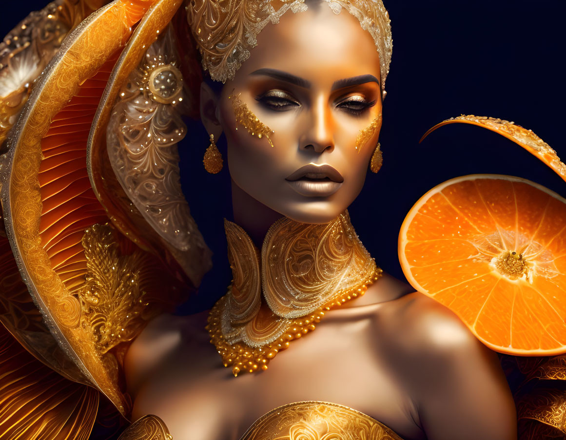 Woman in gold attire with jewelry and headdress beside sliced orange on dark backdrop