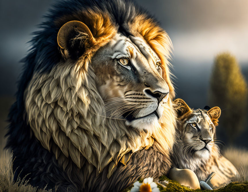 Majestic lion with rich mane beside younger lion in golden-lit savanna