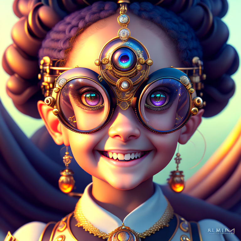 Young girl with expressive eyes in steampunk goggles and intricate details.