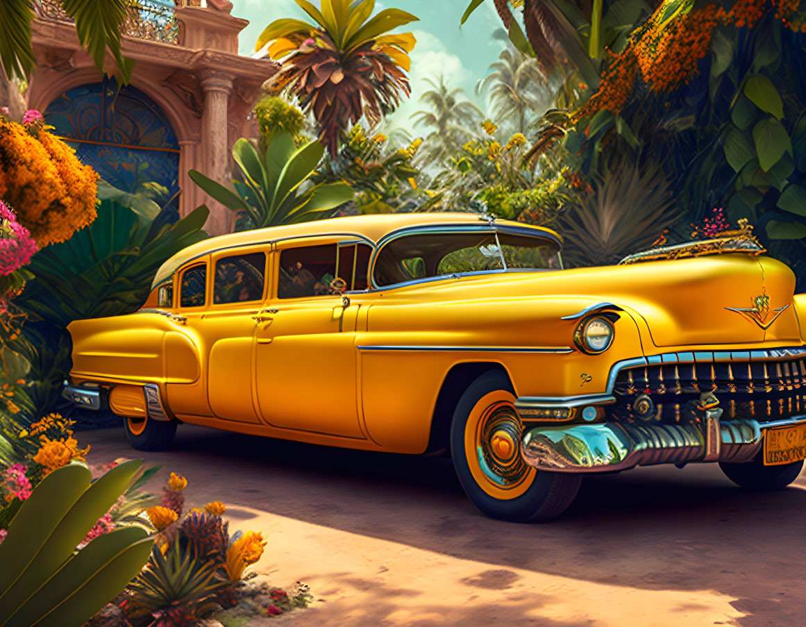 Yellow Vintage Limousine in Tropical Setting with Lush Plants