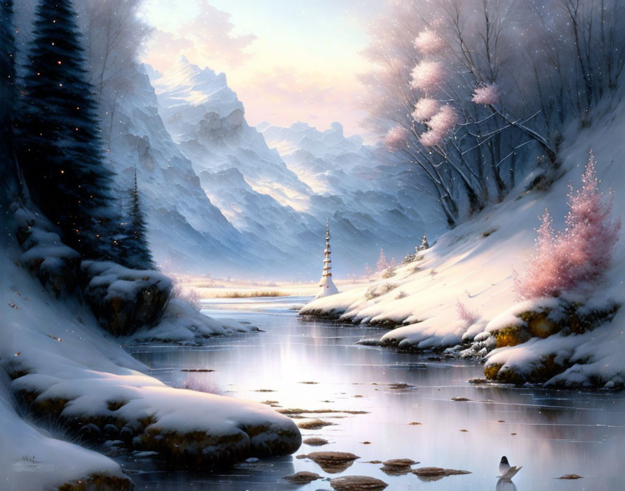 Snow-covered Riverbank with Pinkish Flora and Majestic Snowy Mountains