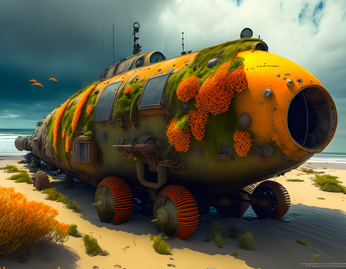 Abandoned submarine covered in orange coral on sandy beach