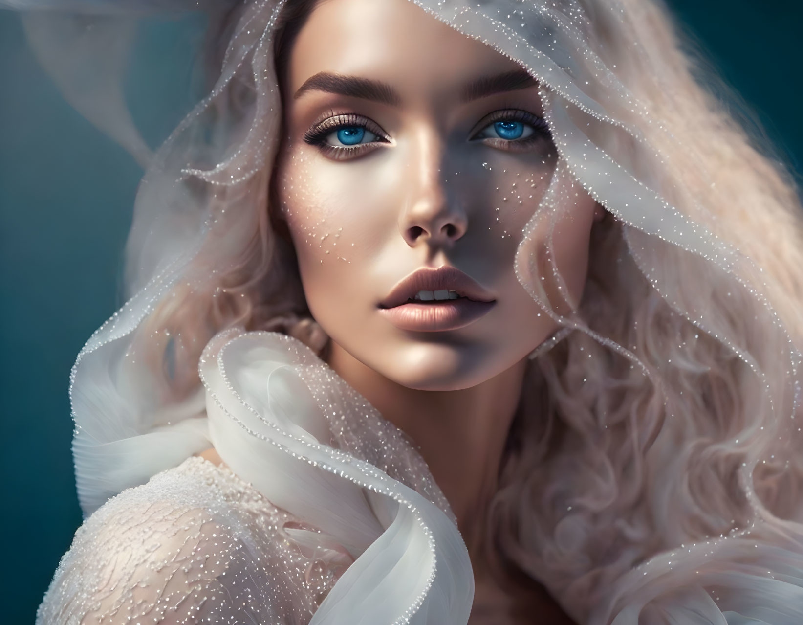 Portrait of Woman with Blue Eyes and Translucent Fabric