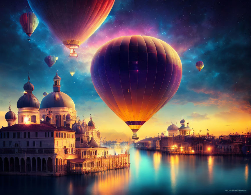 Colorful sunset sky with floating hot air balloons above a waterfront city with domed buildings.