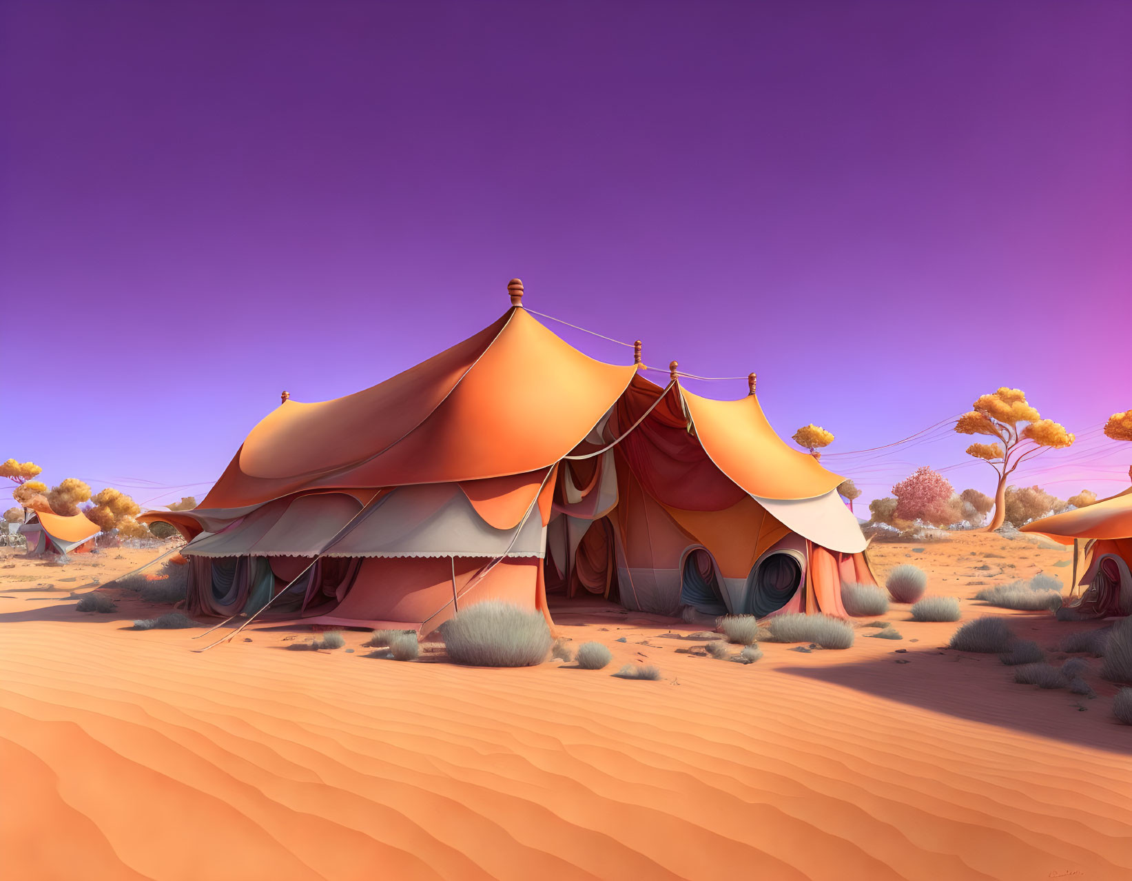 Orange tent in desert with purple skies and whimsical yellow trees