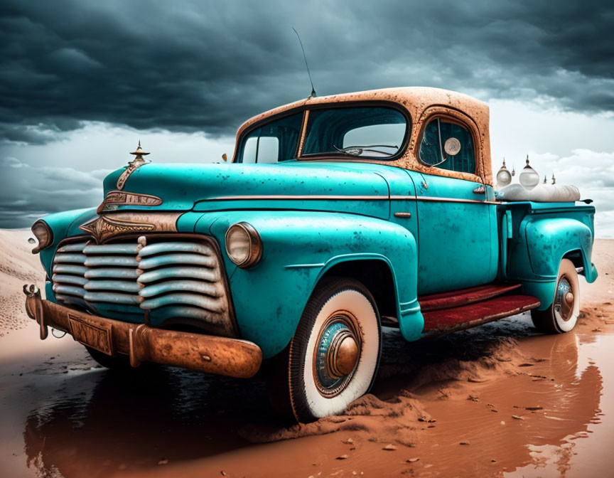 Vintage Turquoise Pickup Truck in Sandy Terrain Stormy Sky