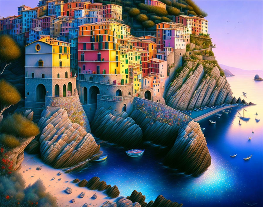 Vibrant coastal village illustration with colorful buildings and boats.
