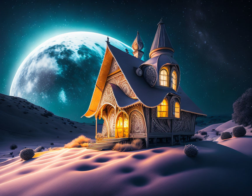 Digital artwork: Fairytale house under starry desert sky