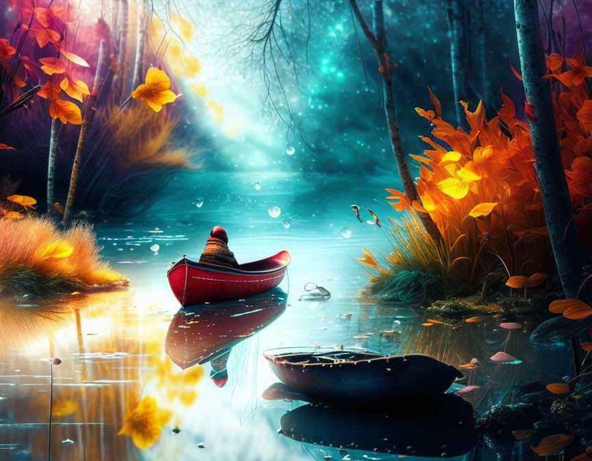 Tranquil fantasy landscape with red boat, autumn leaves, glowing lights, and blue forest.