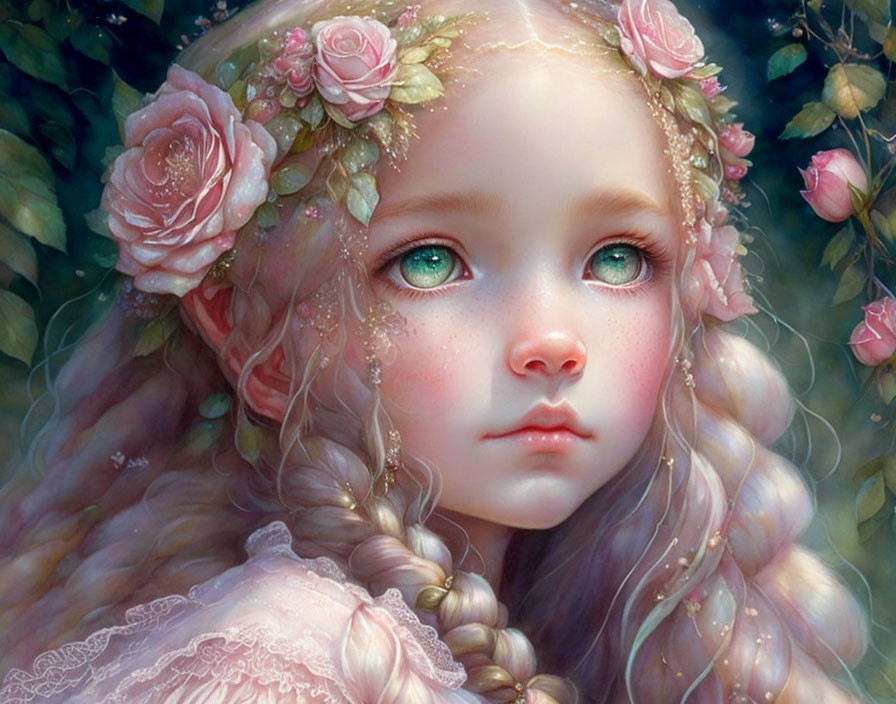 Digital art: Young girl with braids, rose hair adornments, green eyes, and floral backdrop