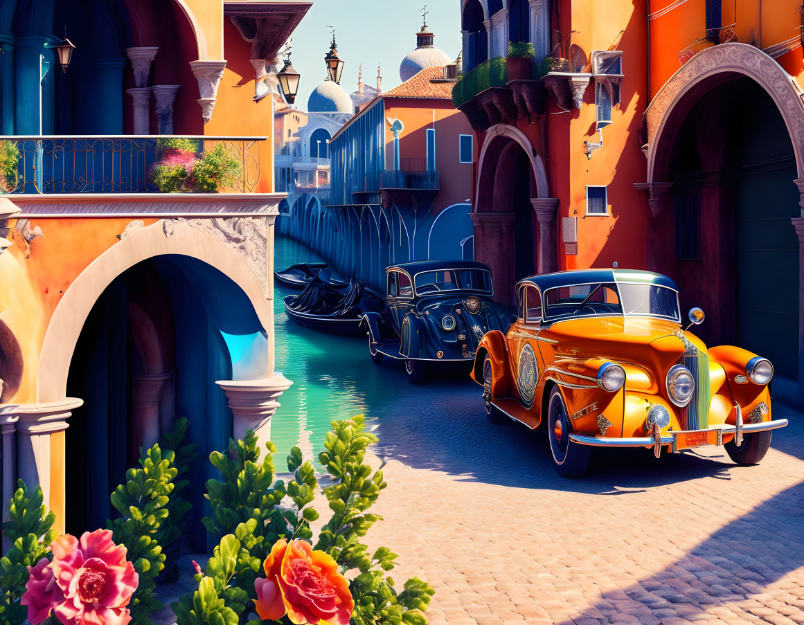 Colorful Venetian Canal Illustration with Vintage Cars and Gondolas