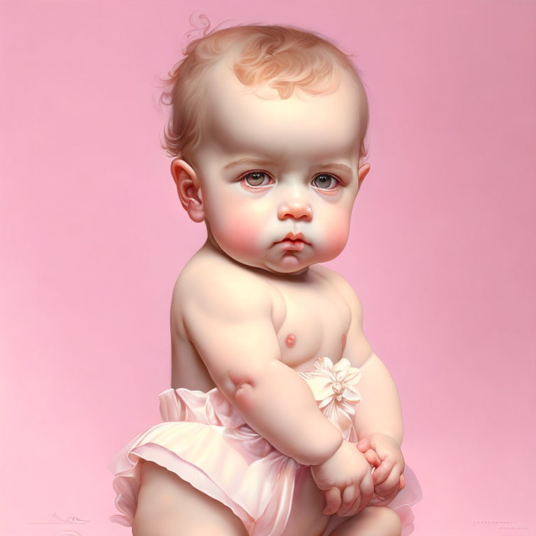 Realistic digital painting of a baby with curly hair on pink background wearing white and pink garment.