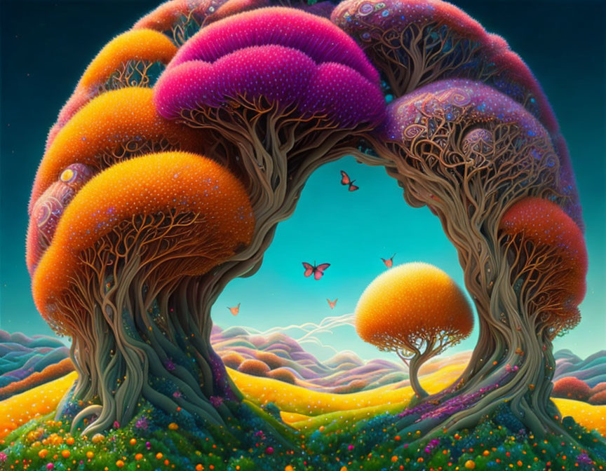 Colorful Mushroom Trees and Butterflies in Surreal Landscape
