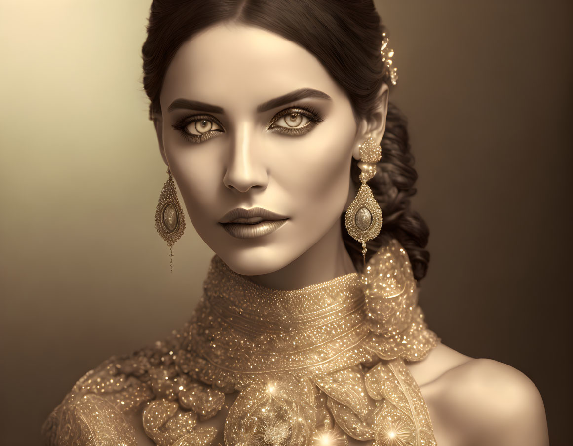 Sepia-Toned Portrait of Woman in Elegant Makeup and Sparkling Jewelry