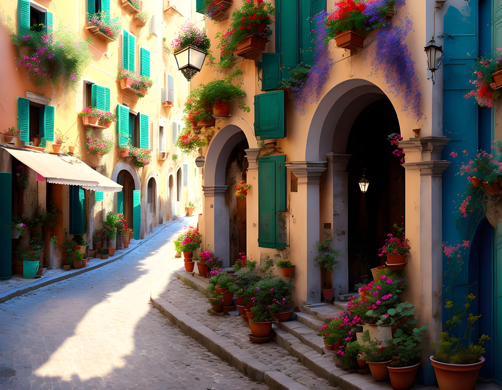 Colorful Buildings on Cobblestone Street with Flower Boxes and Green Shutters