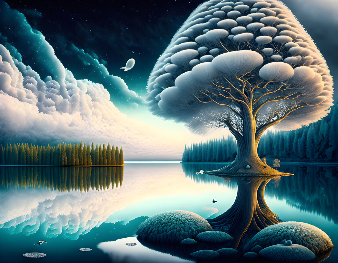 Surreal landscape with tree, lake, starry sky, planets, forest, and clouds