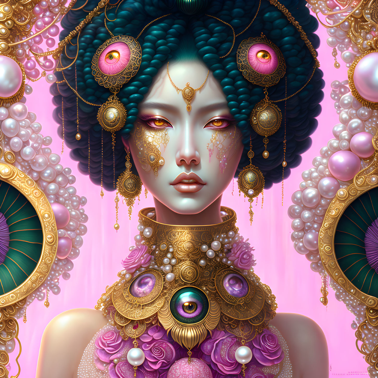 Surreal portrait of female with blue skin and ornate gold jewelry