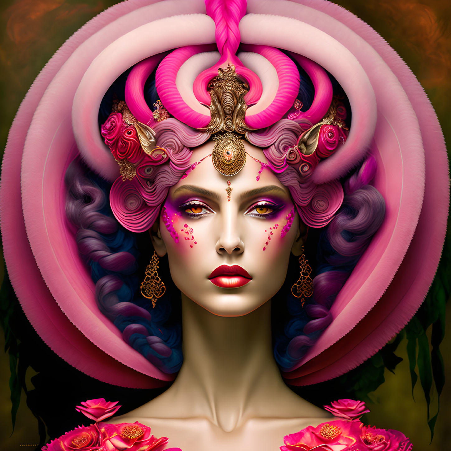 Elaborate Pink and Purple Floral Headgear on Woman Portrait
