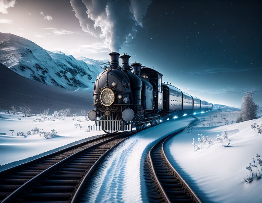 Vintage steam locomotive on snowy tracks in serene winter landscape